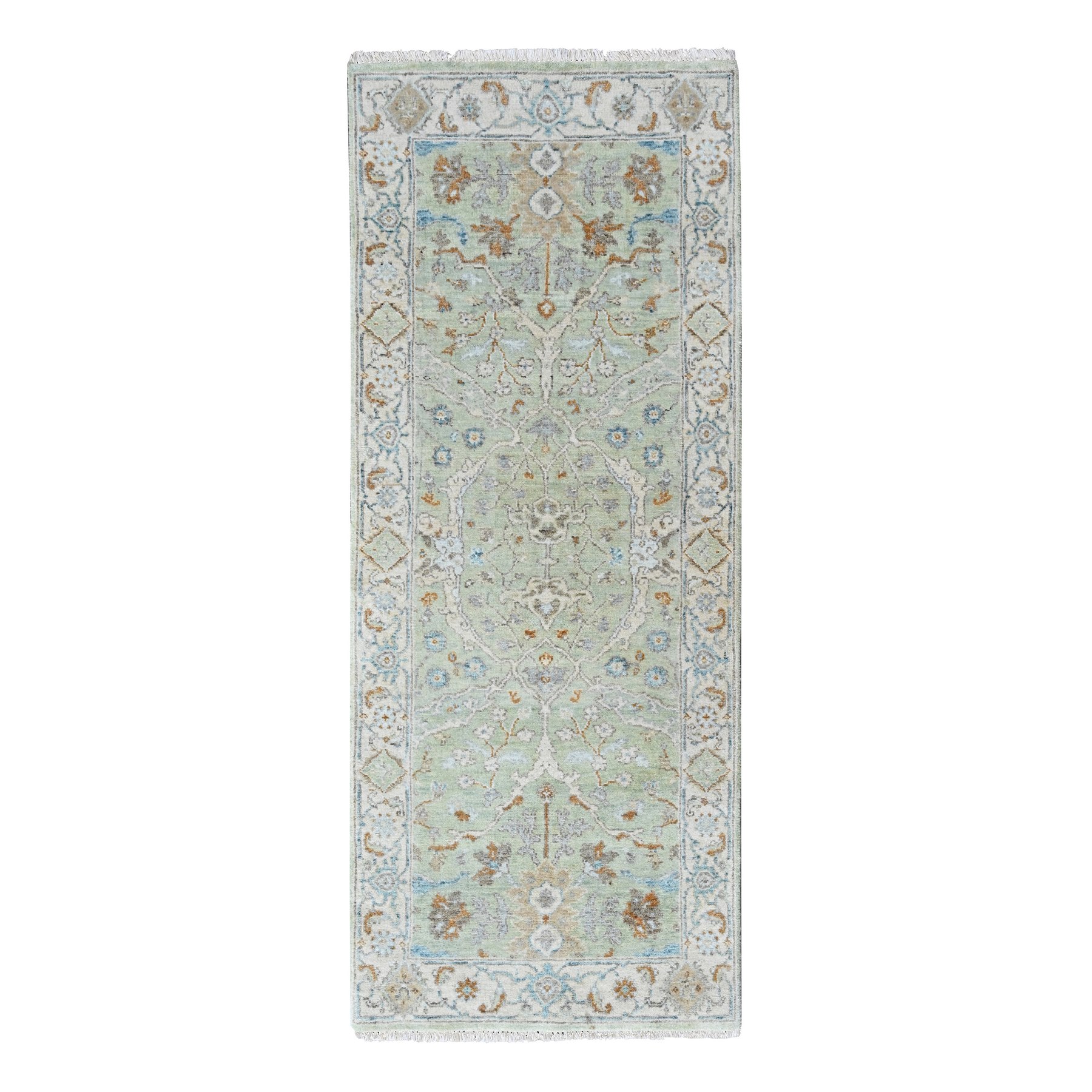 2'7"x6' Pistachio Green, Oushak with Floral Motifs, Hand Knotted, Pure Wool, Soft Pile, Denser Weave, Runner, Oriental Rug 